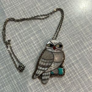 Vintage signed Zuni Tribe Owl Inlay Brooch 925 Sterling Silver